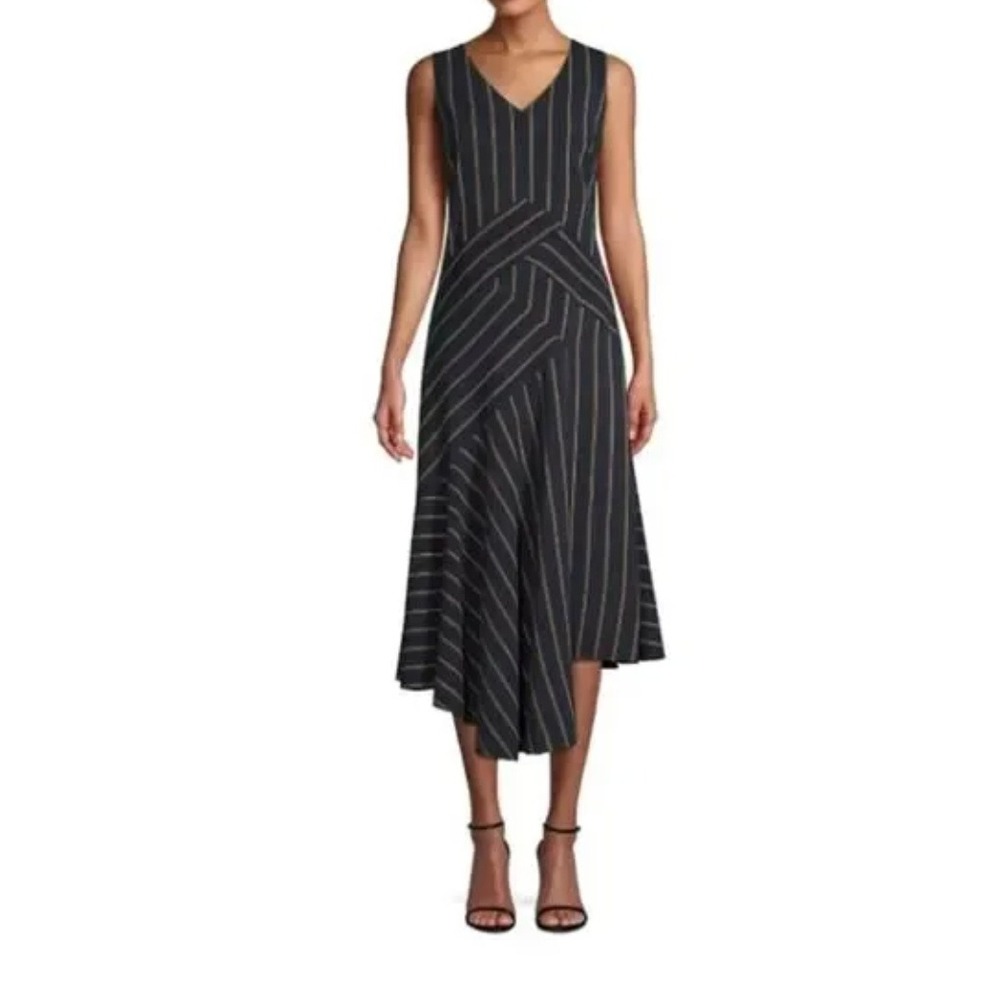 Lafayette 148 New York Ashlena Asymmetric Striped Midi Dress Size 12